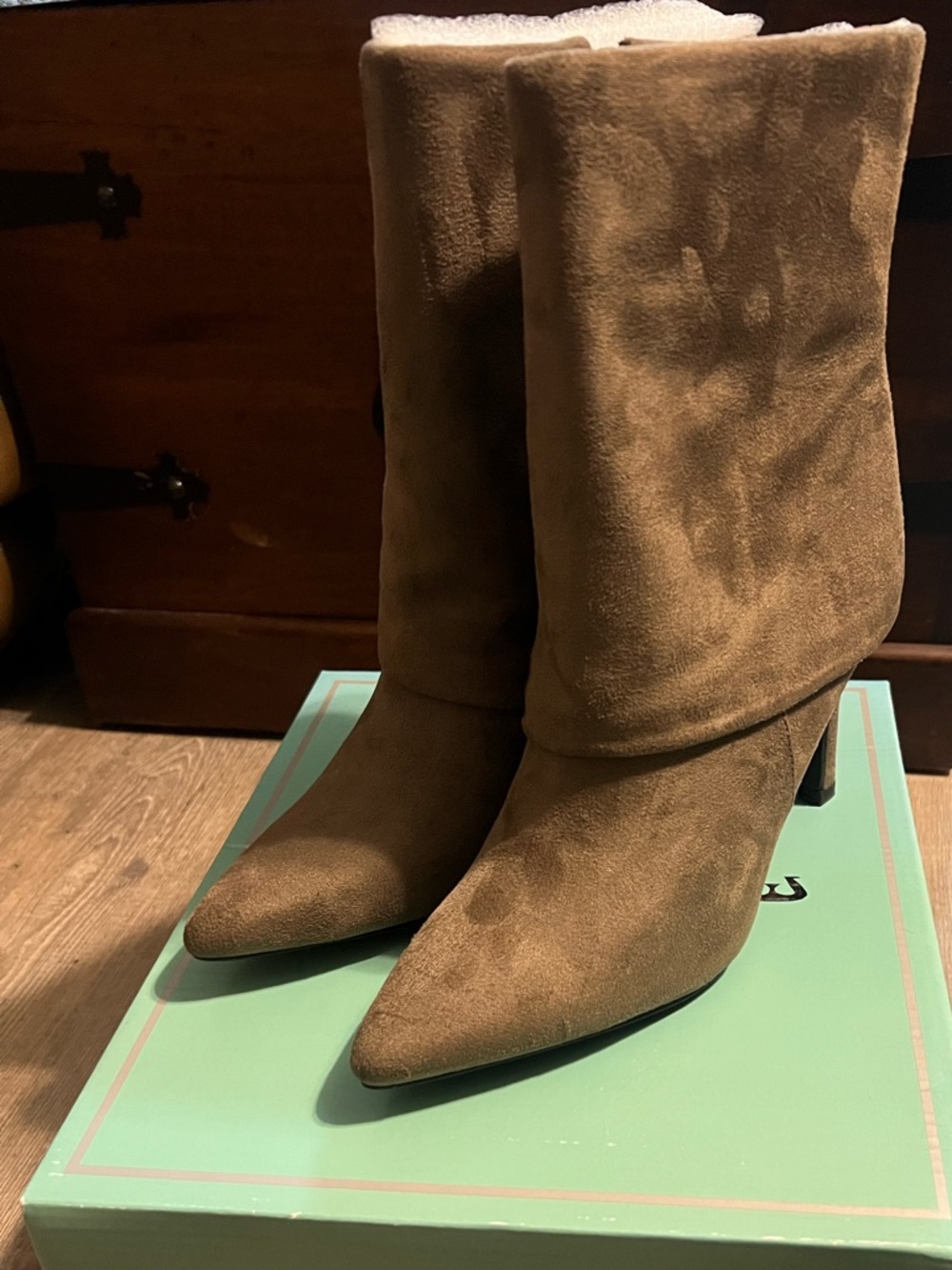 Marbella Pointed-Toe Suede Mid-Calf Heeled Boots in Taupe